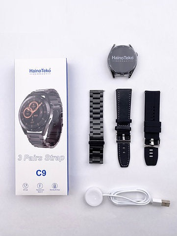 Haino Teko Germany C9 Round Smart Watch - 3 Strap Set: Stainless Steel, Leather, Silicone