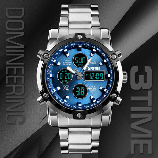 SKMEI 1389 Men's Digital Watch |  3 Time Display | Waterproof | Full Steel Strap Alarm | Calendar | Luminous